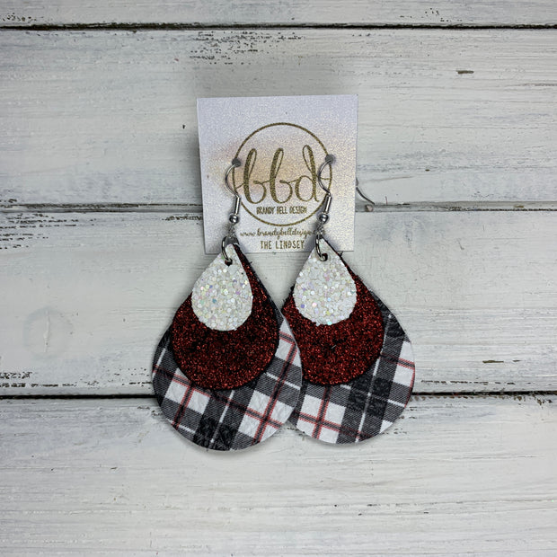 LINDSEY - Leather Earrings  ||   <BR> IRIDESCENT WHITE GLITTER (FAUX LEATHER), <BR> SHIMMER RED,  <BR> BLACK, WHITE & RED TARTAN PLAID