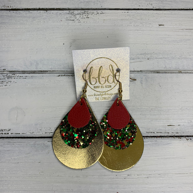 LINDSEY - Leather Earrings  ||   <BR> MATTE RED, <BR> CHRISTMAS GLITTER (FAUX LEATHER),  <BR> METALLIC GOLD SMOOTH