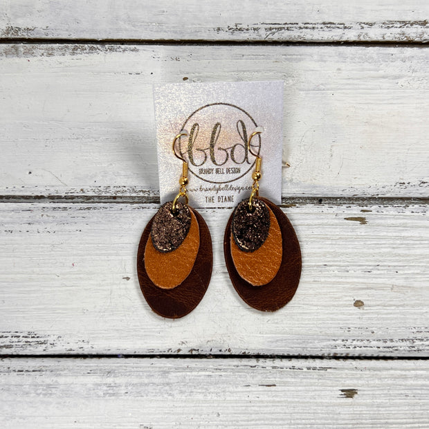 DIANE -  Leather Earrings  ||   <BR> SHIMMER COPPER, <BR> PEARLIZED TOPAZ, <BR> DISTRESSED BROWN