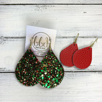ZOEY (3 sizes available!) -  <BR> DOUBLE SIDED! GLITTER ON CANVAS Earrings  (not leather)  ||  CHRISTMAS GLITTER / MATTE RED