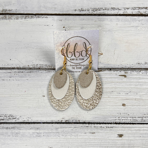DIANE -  Leather Earrings  ||   <BR> SHIMMER CHAMPAGNE, <BR> PEARL WHITE, <BR> METALLIC CHAMPAGNE PEBBLED
