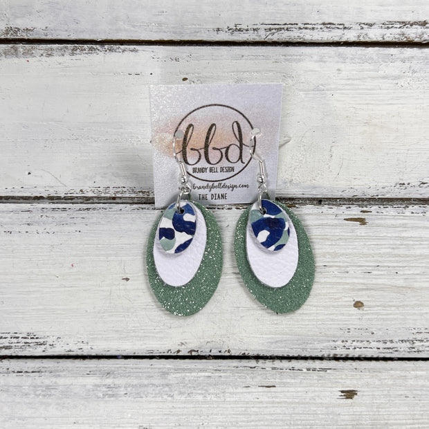 DIANE -  Leather Earrings  ||   <BR> SAGE AND NAVY ANIMAL PRINT, <BR> MATTE WHITE, <BR> SHIMMER IRISH MINT
