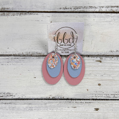DIANE -  Leather Earrings  ||   <BR> COTTON CANDY GLITTER (FAUX LEATHER), <BR> MATTE BABY BLUE, <BR> MATTE LIGHT PINK