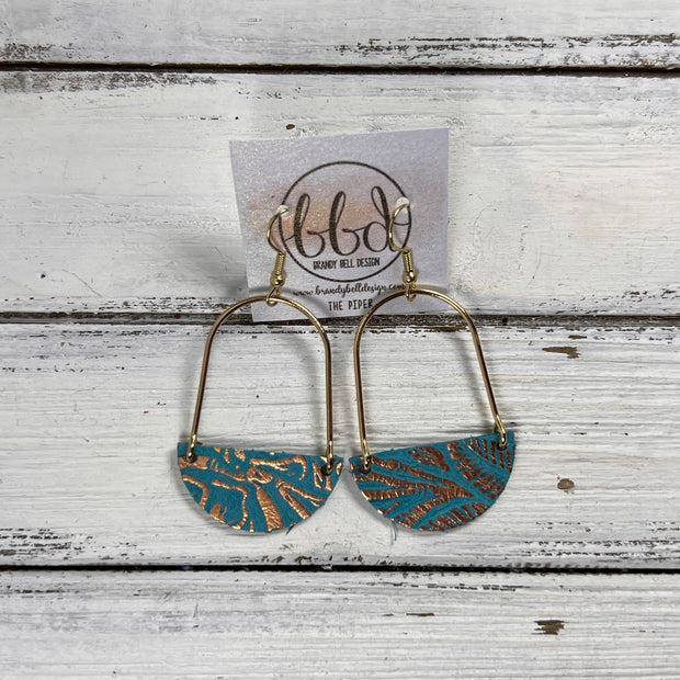 PIPER -  Leather Earrings  ||  <BR> TEAL & METALLIC ROSE GOLD WESTERN FLORAL