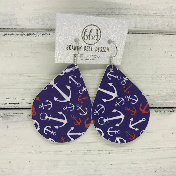 ZOEY (3 sizes available!) -  Leather Earrings  ||   BLUE WITH WHITE & RED ANCHORS