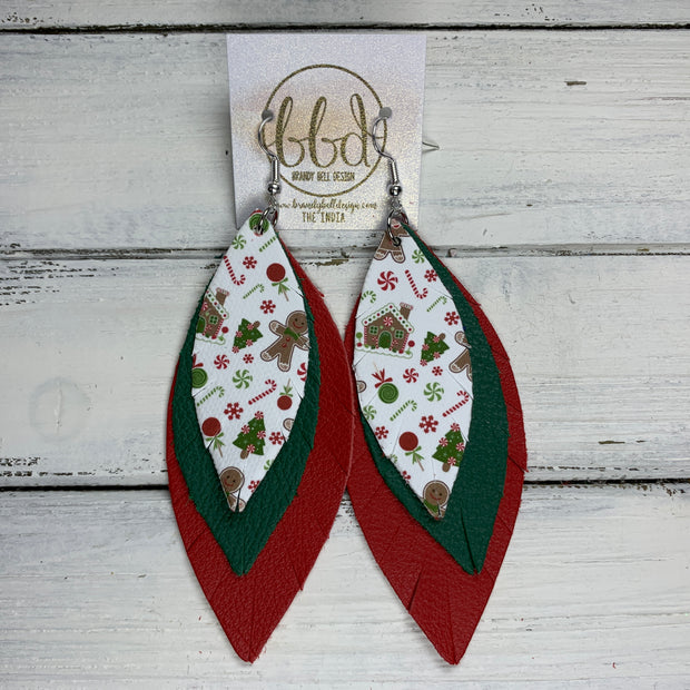 INDIA - Leather Earrings   ||  <BR> GINGERBREAD PRINT (FAUX LEATHER),  <BR> MATTE EMERALD GREEN, <BR> MATTE RED
