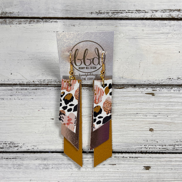 CODY -  Leather Earrings  ||  <BR> CORAL FLORAL CHEETAH, <BR> METALLIC ROSE GOLD SMOOTH, <BR> MATTE MUSTARD YELLOW