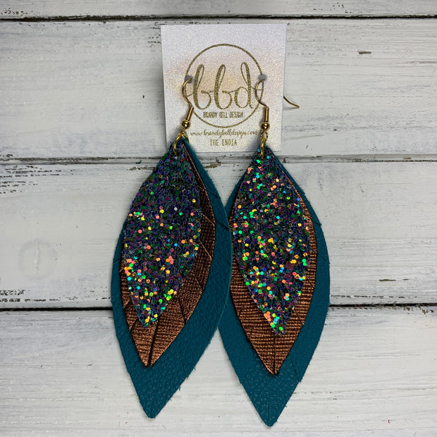INDIA - Leather Earrings   ||  <BR> IRIDESCENT FOREST GLITTER (FAUX LEATHER),  <BR> METALLIC BRONZE SAFFIANO, <BR> MATTE DARK TEAL
