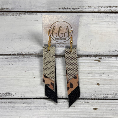 CODY -  Leather Earrings  ||  <BR> METALLIC GOLD DOTS, <BR> CARAMEL CHEETAH, <BR> MATTE BLACK