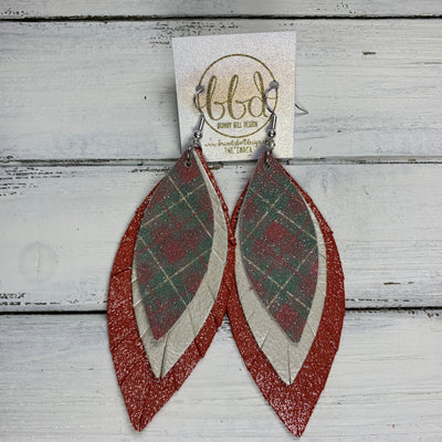 INDIA - Leather Earrings   ||  <BR> SHIMMER GREEN/RED TARTAN PLAID (FAUX LEATHER),  <BR> CHAMPAGNE PEARL, <BR> SHIMMER RED
