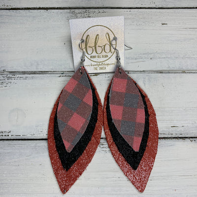 INDIA - Leather Earrings   ||  <BR> SHIMMER BUFFALO PLAID (FAUX LEATHER),  <BR> SHIMMER BLACK, <BR> SHIMMER RED