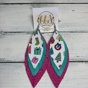 INDIA - Leather Earrings   ||  <BR> WHIMSICAL CHRISTMAS PRINT (FAUX LEATHER),  <BR> PEARLIZED AQUA, <BR> PINK BRAIDED