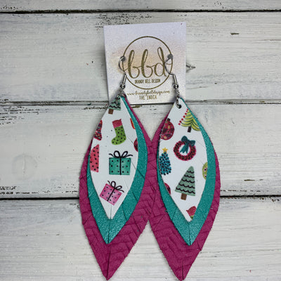INDIA - Leather Earrings   ||  <BR> WHIMSICAL CHRISTMAS PRINT (FAUX LEATHER),  <BR> PEARLIZED AQUA, <BR> PINK BRAIDED