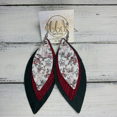 INDIA - Leather Earrings   ||  <BR> SHIMMER DEER PRINT (FAUX LEATHER),  <BR> BURGUNDY PALMS, <BR> MATTE HUNTER GREEN