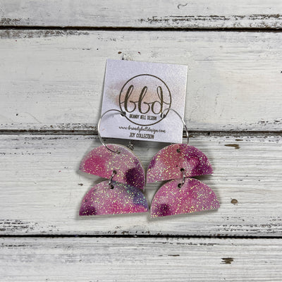 JOY -  Leather Earrings  ||   <BR> PINK & PURPLE TINY BALLOONS GLITTER  (CORK ON LEATHER)"