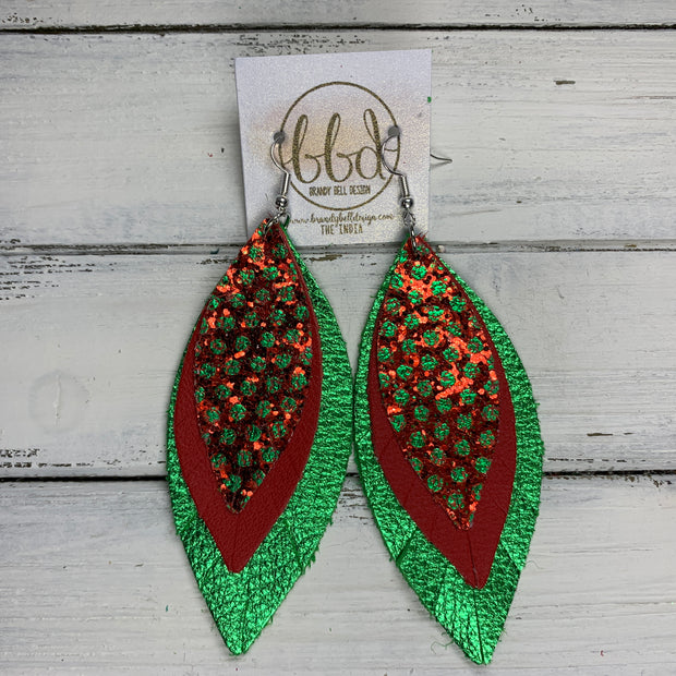 INDIA - Leather Earrings   ||  <BR> RED WITH GREEN POLKADOT GLITTER (FAUX LEATHER),  <BR> MATTE RED, <BR> METALLIC GREEN PEBBLED