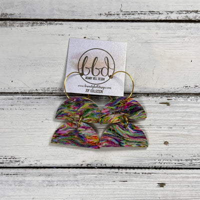 JOY -  Leather Earrings  ||   <BR> PSYCHEDELIC RAINBOW  (CORK ON LEATHER)