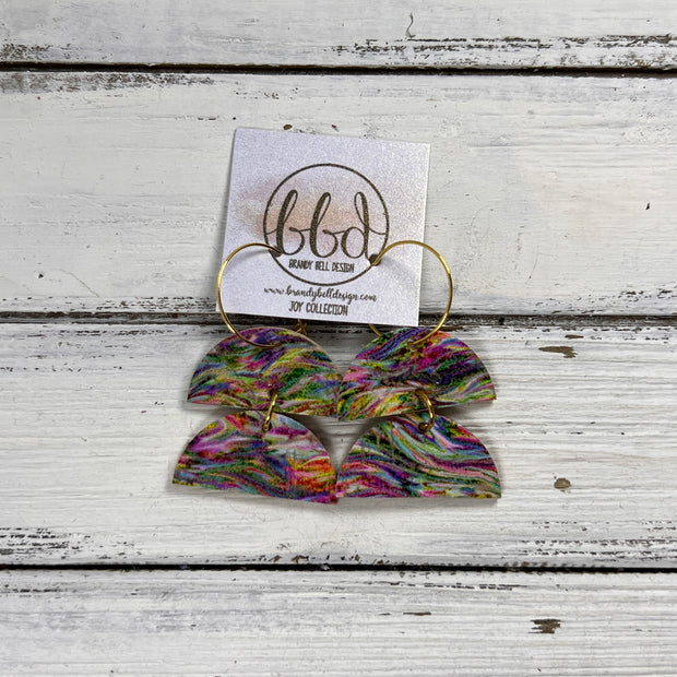 JOY -  Leather Earrings  ||   <BR> PSYCHEDELIC RAINBOW  (CORK ON LEATHER)
