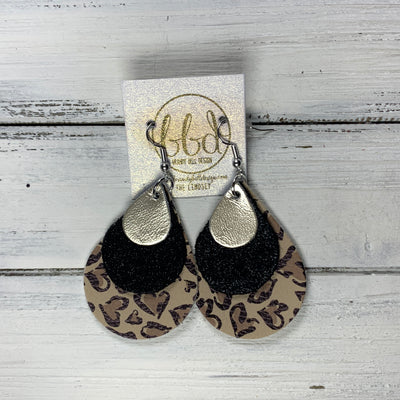 LINDSEY - Leather Earrings  ||   <BR> METALLIC CHAMPAGNE SMOOTH, <BR> SHIMMER BLACK,  <BR> CHEETAH PRINT HEARTS