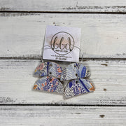 JOY -  Leather Earrings  ||   <BR> BLUE FLORAL ON WHITE  (CORK ON LEATHER)