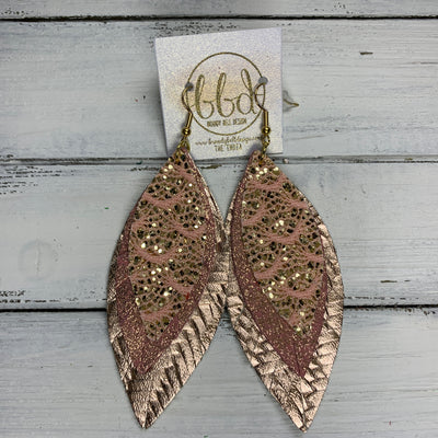 INDIA - Leather Earrings   ||  <BR> ROSE GOLD LACE GLITTER (FAUX LEATHER),  <BR> SHIMMER VINTAGE PINK, <BR> METALLIC ROSE GOLD BRAIDED