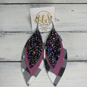 INDIA - Leather Earrings   ||  <BR> TREASURE GLITTER (FAUX LEATHER),  <BR> MATTE MAUVE, <BR> BLACK & WHITE BUFFALO PLAID