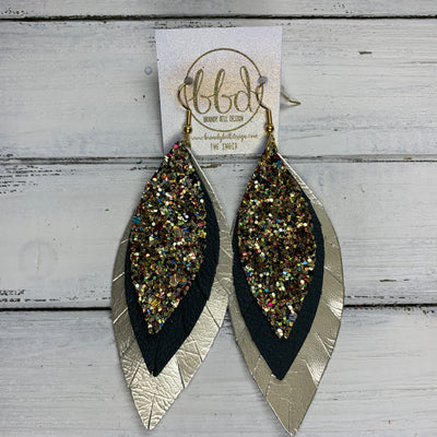 INDIA - Leather Earrings   ||  <BR> CHUNKY GOLD JEWELS GLITTER (FAUX LEATHER),  <BR> MATTE HUNTER GREEN, <BR> METALLIC CHAMPAGNE SMOOTH
