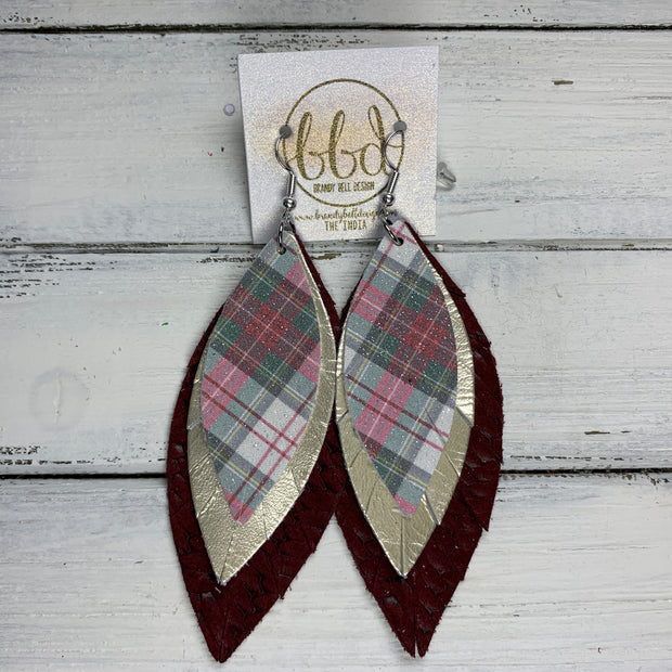 INDIA - Leather Earrings   ||  <BR> SHIMMER TARTAN PLAID (FAUX LEATHER),  <BR> METALLIC CHAMPAGNE SMOOTH, <BR> MATTE BURGUNDY BRAIDED