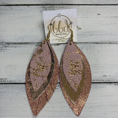 INDIA - Leather Earrings   ||  <BR> ROSE GOLD ON PINK NORTHERN LIGHTS,  <BR> METALLIC ROSE GOLD SMOOTH, <BR> SHIMMER VINTAGE PINK