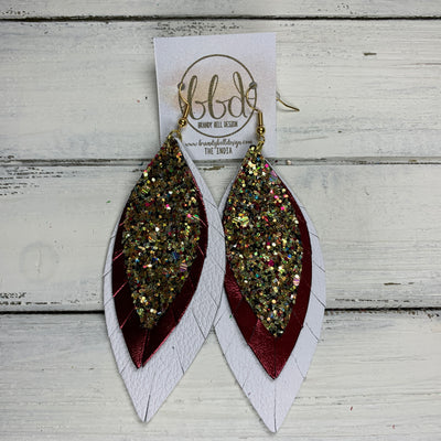 INDIA - Leather Earrings   ||  <BR> CHUNKY GOLD JEWELS GLITTER (FAUX LEATHER),  <BR> METALLIC BURGUNDY SMOOTH, <BR> MATTE WHITE