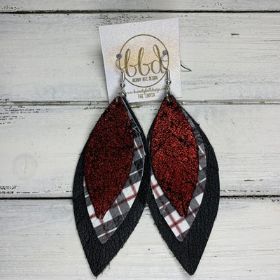 INDIA - Leather Earrings   ||  <BR> SHIMMER RED ON BLACK,  <BR> BLACK, WHITE & RED BLAID, <BR> MATTE BLACK