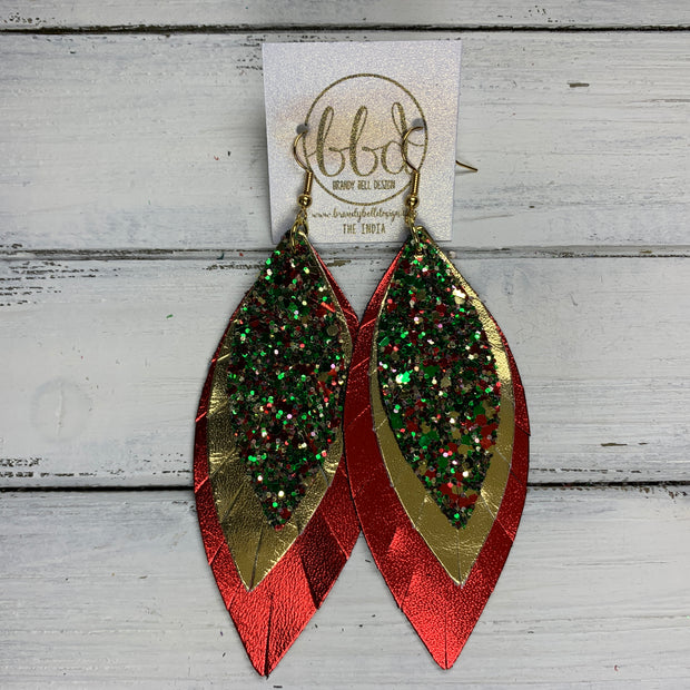 INDIA - Leather Earrings   ||  <BR> CHRISTMAS GLITTER (FAUX LEATHER),  <BR> METALLIC GOLD SMOOTH, <BR> METALLIC RED SMOOTH