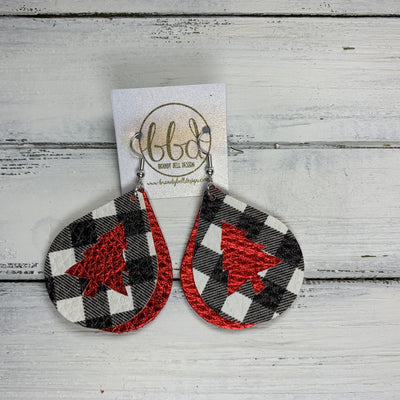 ZOEY -  <BR>  *LIMITED EDITION* CUT-OUT Earrings    ||  BLACK & WHITE BUFFALO PLAID ON METALLIC RED PEBBLED