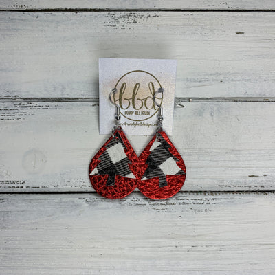 MINI ZOEY -  <BR>  *LIMITED EDITION* CUT-OUT Earrings    ||  BLACK & WHITE BUFFALO PLAID ON METALLIC RED PEBBLED