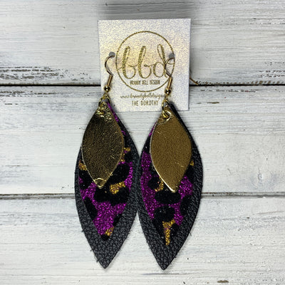 DOROTHY - Leather Earrings  ||  <BR> METALLIC GOLD SMOOTH, <BR> PURPLE GLITTER CHEETAH PRINT(FAUX LEATHER), <BR> MATTE BLACK