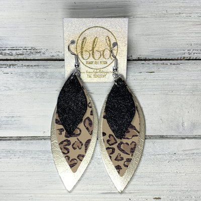 DOROTHY - Leather Earrings  ||  <BR> SHIMMER BLACK, <BR> CHEETAH PRINT HEARTS(FAUX LEATHER), <BR> METALLIC CHAMPAGNE SMOOTH