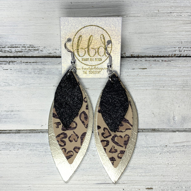 DOROTHY - Leather Earrings  ||  <BR> SHIMMER BLACK, <BR> CHEETAH PRINT HEARTS(FAUX LEATHER), <BR> METALLIC CHAMPAGNE SMOOTH