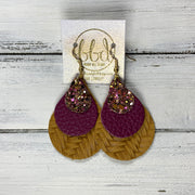 LINDSEY - Leather Earrings  ||   <BR> PINK & GOLD GLITTER (FAUX LEATHER), <BR> MATTE PLUM PURPLE,  <BR> MATTE DIJON MUSTARD