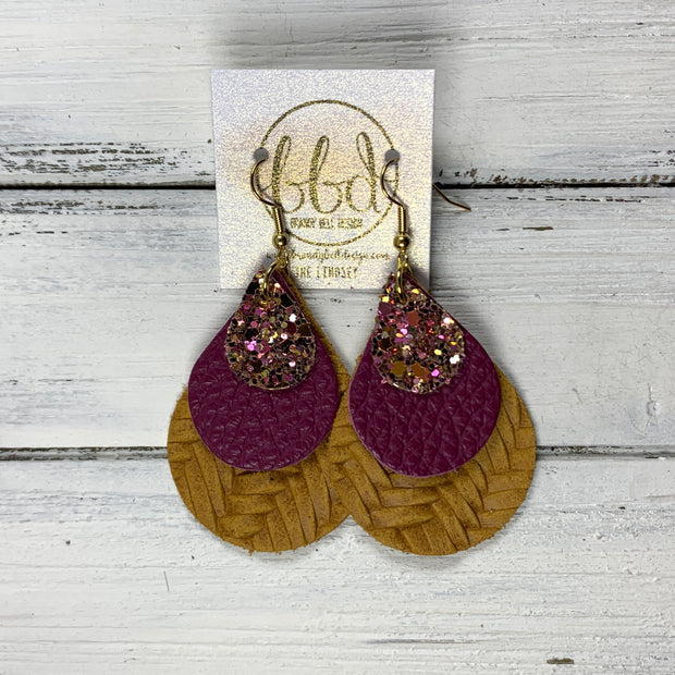 LINDSEY - Leather Earrings  ||   <BR> PINK & GOLD GLITTER (FAUX LEATHER), <BR> MATTE PLUM PURPLE,  <BR> MATTE DIJON MUSTARD