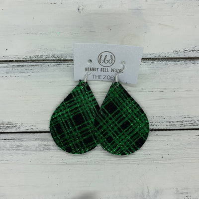ZOEY (3 sizes available!) -  Leather Earrings  ||   METALLIC GREEN & BLACK PLAID