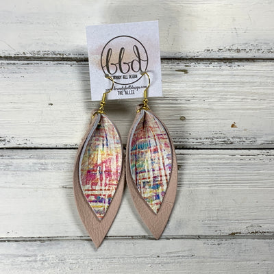 ALLIE -  Leather Earrings  ||  <BR> MULTICOLOR PASTEL WATERCOLOR HATCHING, <BR> MATTE BLUSH PINK