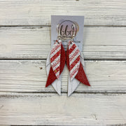 ANDY -  Leather Earrings  ||  <BR> CANDY CANE GLITTER (FAUX LEATHER), <BR> SHIMMER RED, <BR> MATTE WHTE