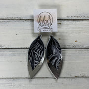 ALLIE -  Leather Earrings  ||  <BR> SILVER & BLACK WESTERN FLORAL, <BR> METALLIC SILVER SMOOTH