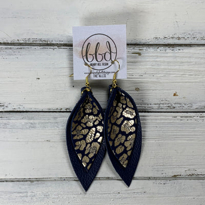 ALLIE -  Leather Earrings  ||  <BR> METALLIC CHAMPAGNE LEOPARD ON *NAVY, <BR> MATTE NAVY* BLUE