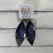 ALLIE -  Leather Earrings  ||  <BR> NAVY & SILVER CHINESE FANS, <BR> METALLIC SILVER SMOOTH