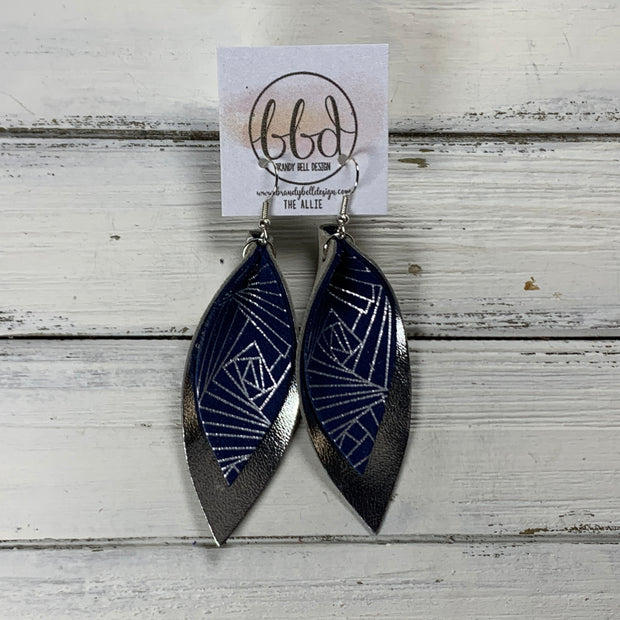 ALLIE -  Leather Earrings  ||  <BR> NAVY & SILVER CHINESE FANS, <BR> METALLIC SILVER SMOOTH