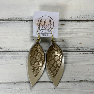 ALLIE -  Leather Earrings  ||  <BR> METALLIC CHAMPAGNE LEOPARD ANIMAL PRINT, <BR> METALLIC CHAMPAGNE SMOOTH