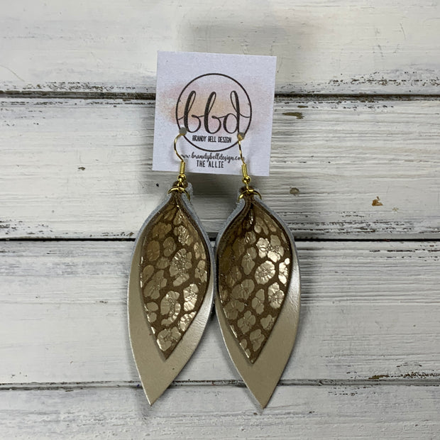ALLIE -  Leather Earrings  ||  <BR> METALLIC CHAMPAGNE LEOPARD ANIMAL PRINT, <BR> METALLIC CHAMPAGNE SMOOTH