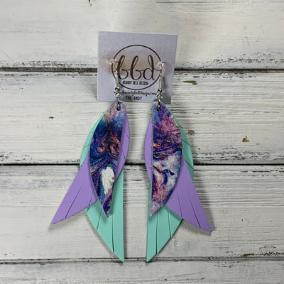 ANDY -  Leather Earrings  ||  <BR> PURPLE & BLUE MARBLE ART, <BR> MATTE LILAC SMMOTH, <BR> MATTE AQUA MINT SMOOTH