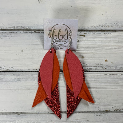 ANDY -  Leather Earrings  ||  <BR> MATTE CORAL/PINK, <BR> MATTE ORANGE, <BR> METALLIC RED PEBBLED